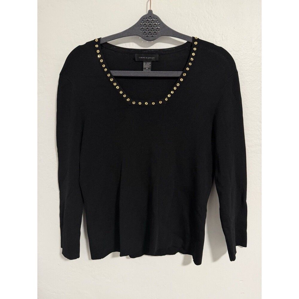 Cable & Gauge Black Studded Neckline Knit Top Women’s Medium 3/4 Sleeve